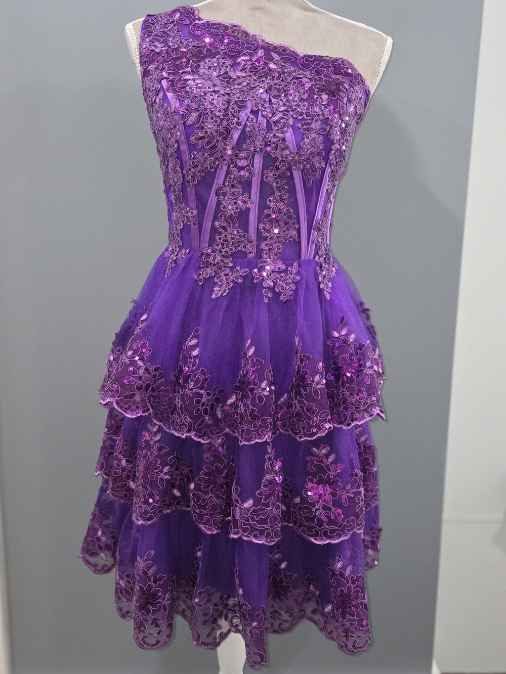 Homecoming or Prom! One-Shoulder Purple Sequin & Lace Tiered Ruffle Dress